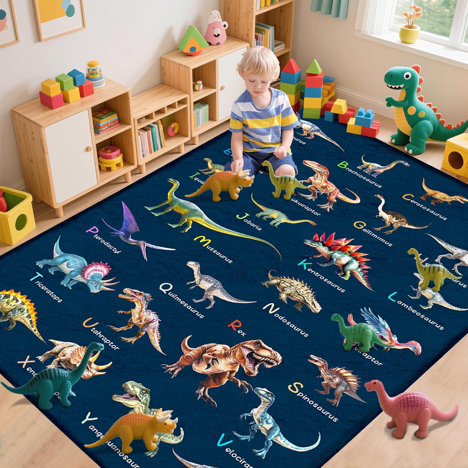 Kids Education Name - 教育的な恐竜アルファベットをテーマにしたエリアラグ、子供用カラフルな名前入りパターン、滑り止め加工の洗えるフロアマット、幼児部屋の遊び用