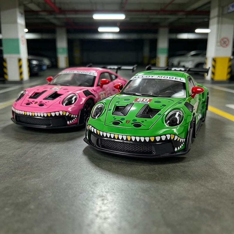 Kids Education Jobs - 1:24スケール合金製911 GT3 RSモデル、ユニークな恐竜ペイント仕上げ、ステアリング内蔵、プルバック式、興味深い教育的な子供向けおもちゃの車両