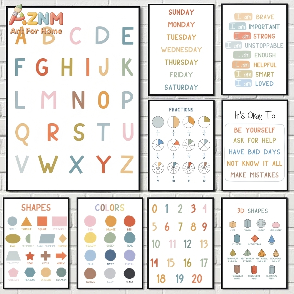 Kids Education Learning - AZNM 教育用アルファベット数字フレームレスキャンバスウォールアート、子供用学習ポスタープリント、保育園教室装飾、フレームなし絵画