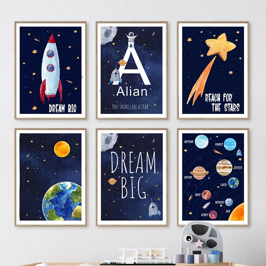 Kids Education Name - 1pc キャンバス絵画カスタム名子供部屋装飾壁アートプリント宇宙飛行士インテリアポスターベビーキャンバス装飾ウォール