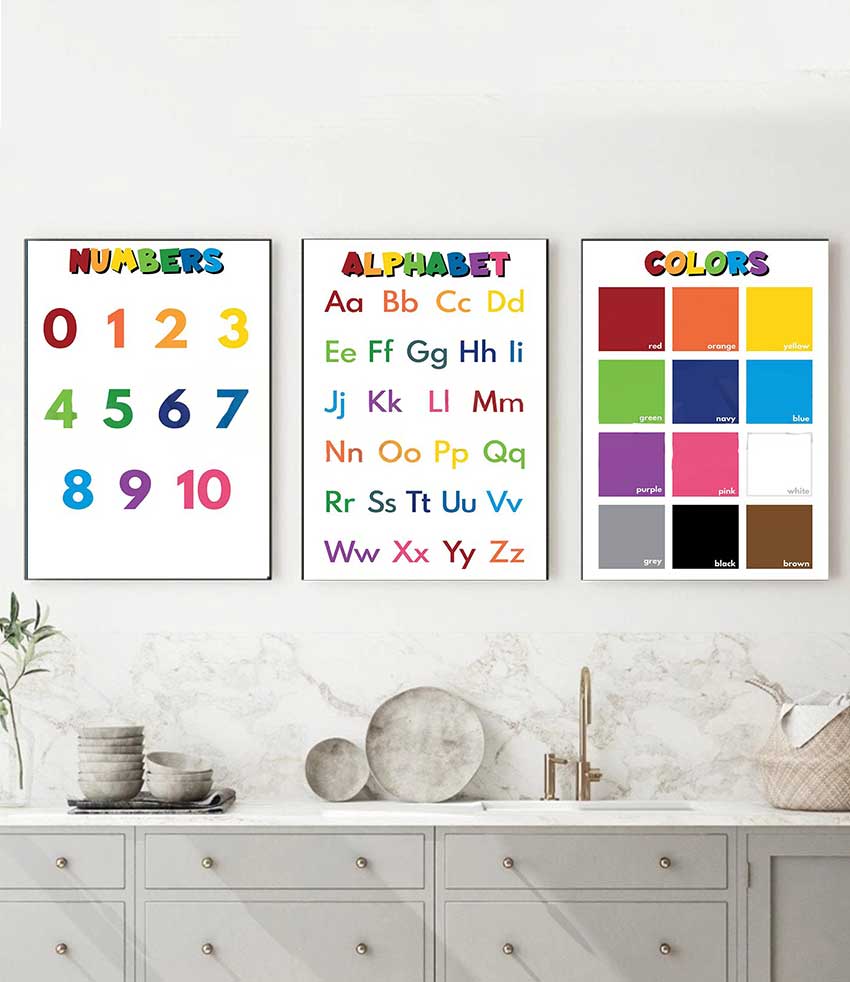 Kids Education Name - 1枚のフレームレス子供用教育教室ポスター、アルファベット数字と色名学習用ウォールアート、子供向け